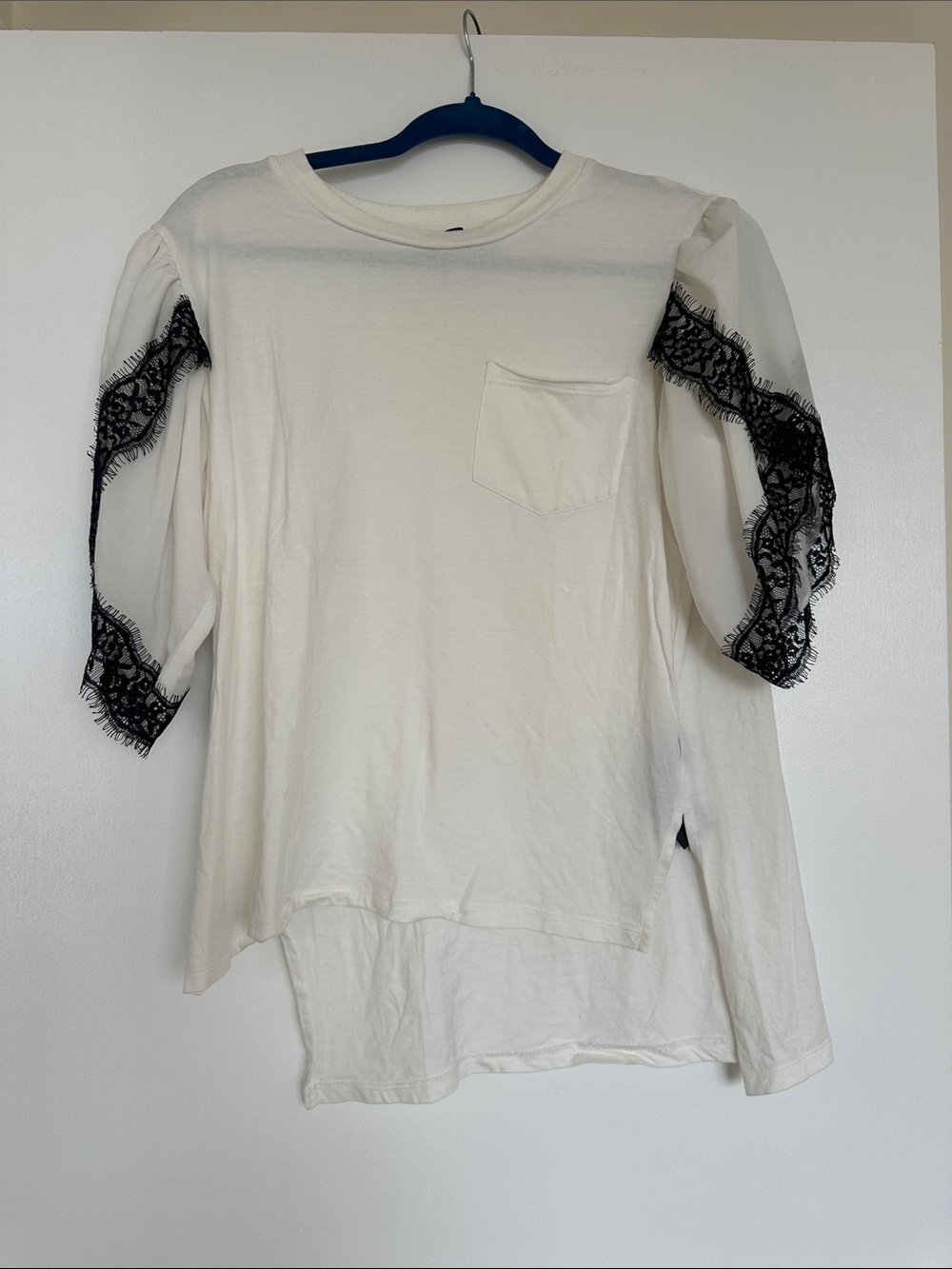 The Kooples White Pullover Top with Black Lace Sleeve Accents
